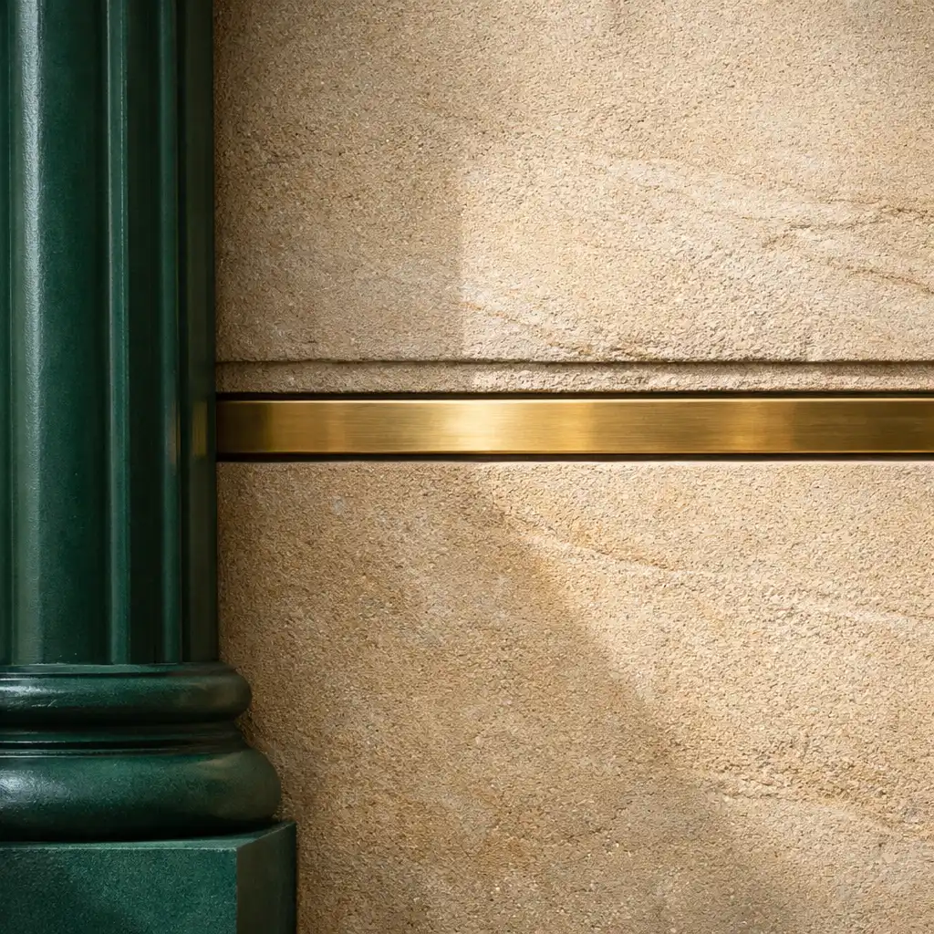 Sandstone wall texture with cypress green column and brushed brass accent line