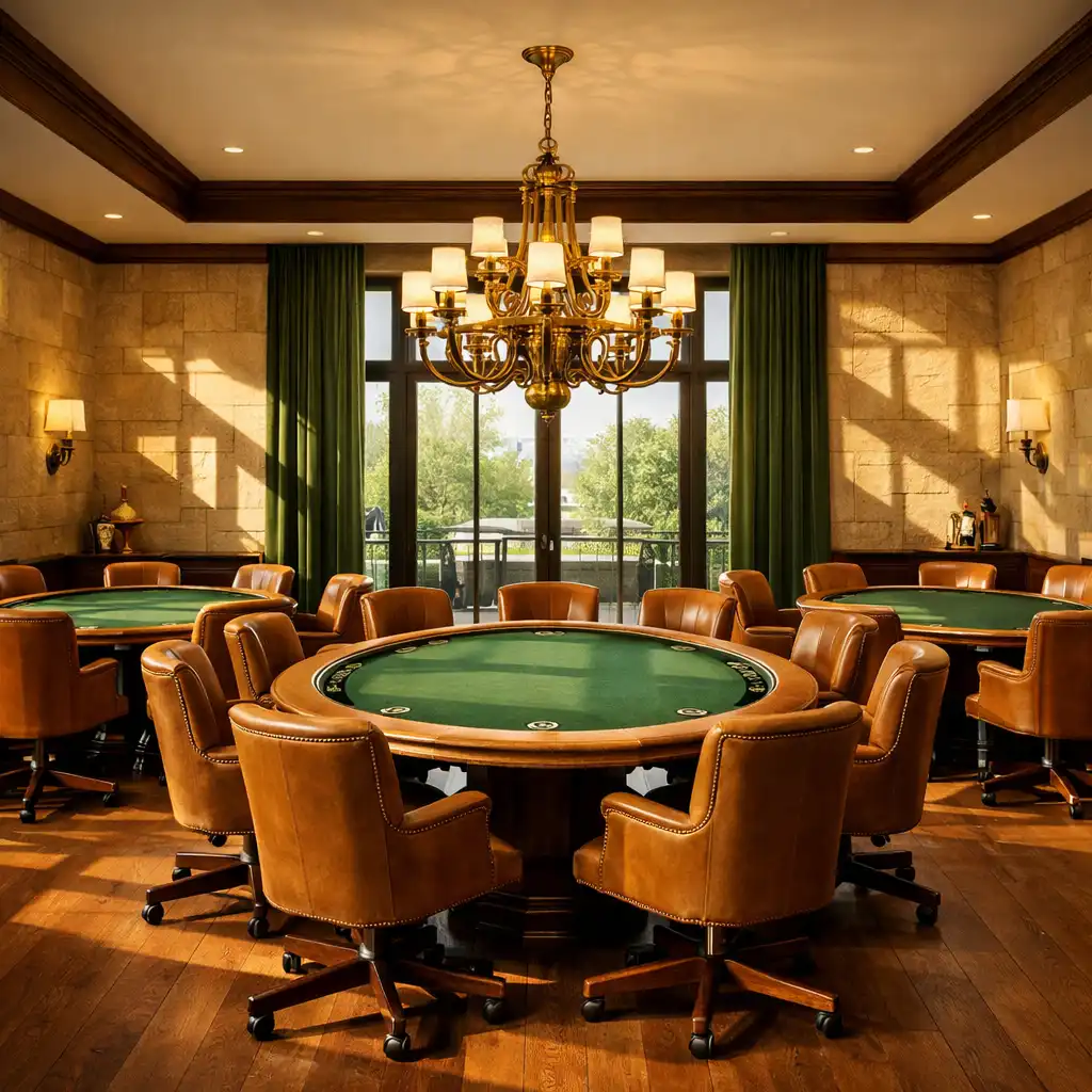 Interior view of the design-led card room with leather chairs and warm timber flooring