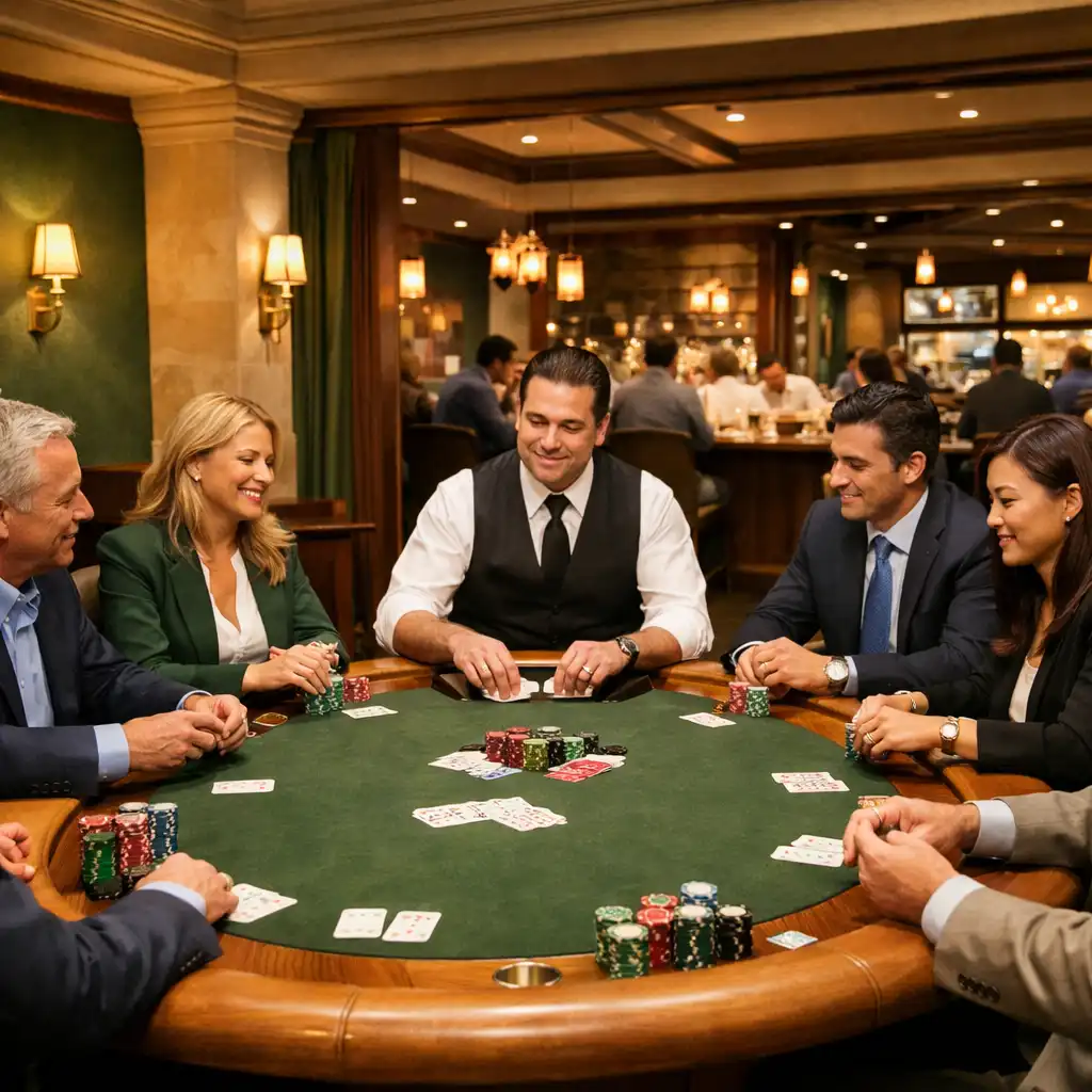 Corporate poker event in progress around a custom oak poker table in a dedicated card room