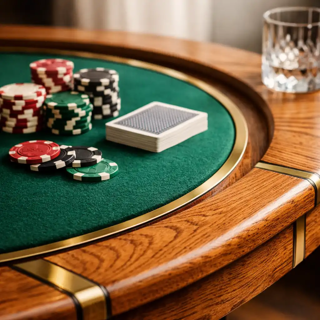 Close-up of a handcrafted oak poker table with emerald felt and brass inlay