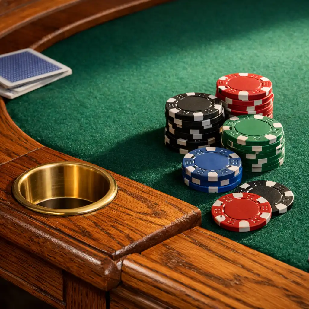 Close-up of handcrafted oak poker table with emerald felt and brass cup holders