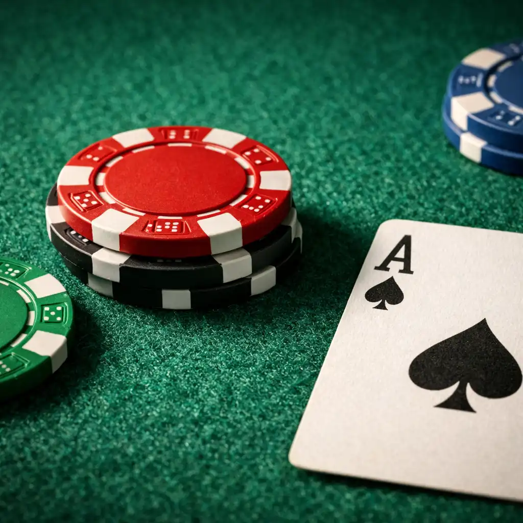 Macro shot of emerald green poker felt with clay chips and a single playing card, showing the wool blend texture