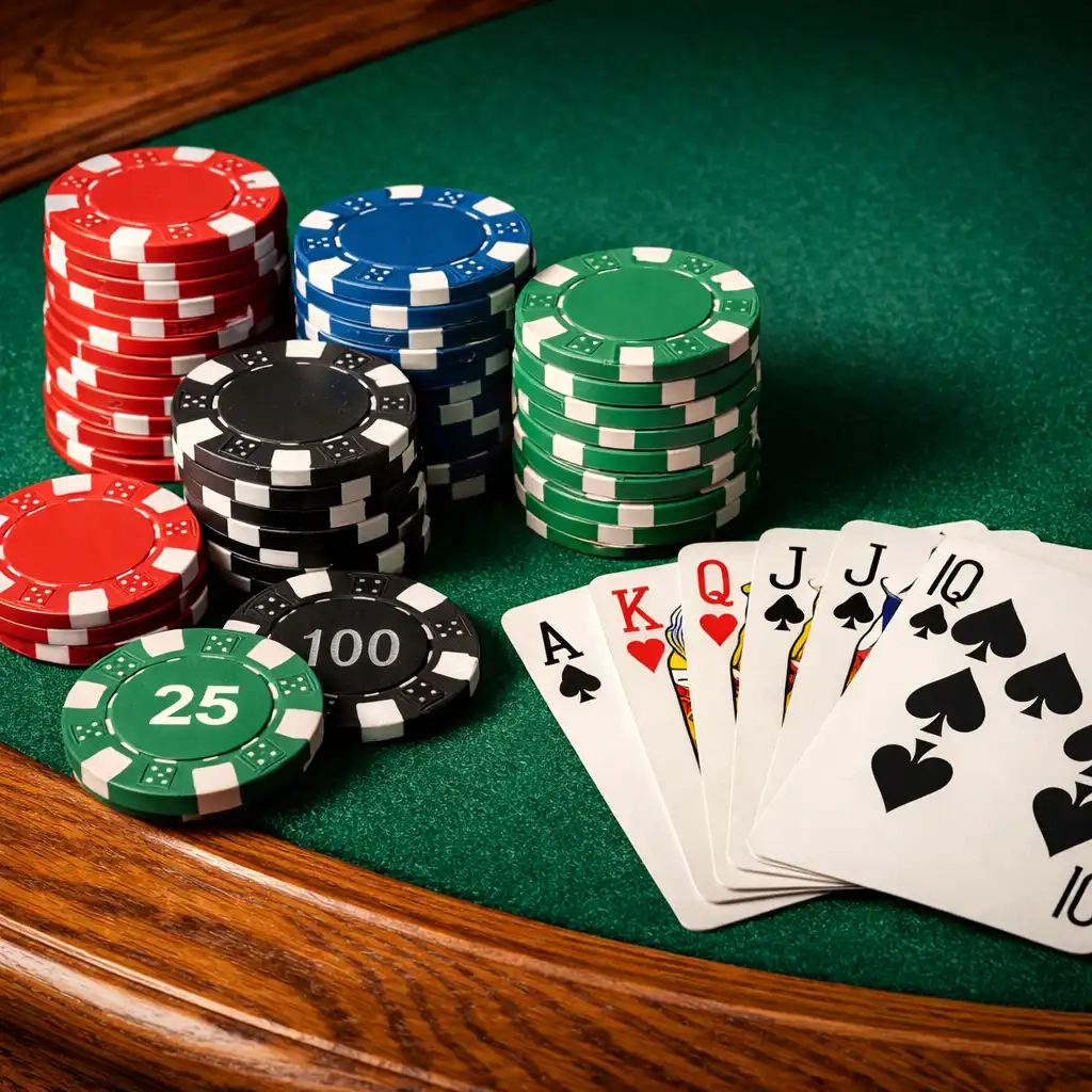 Still life of stacked poker chips and fanned playing cards on emerald felt