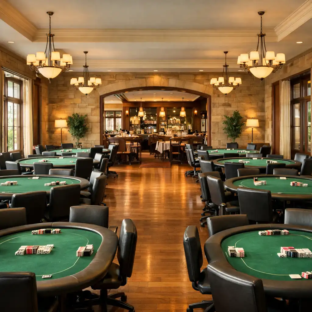 Wide view of the sunlit card room with multiple poker tables and the restaurant visible in the background