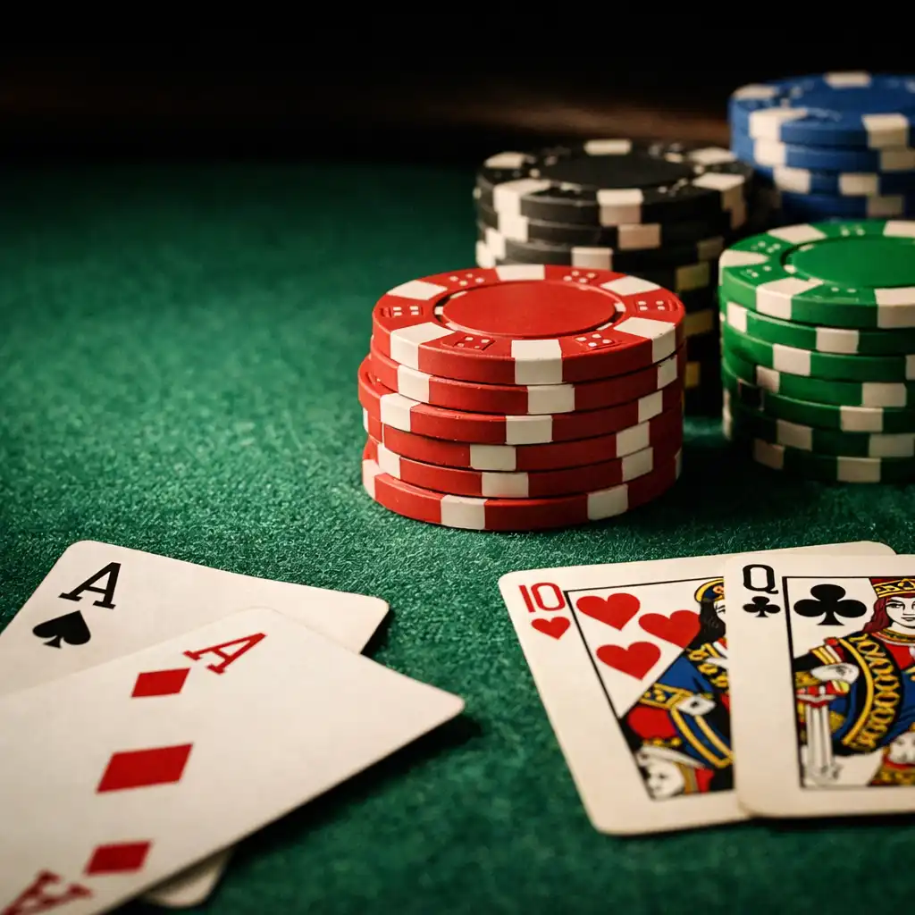 Close-up of emerald poker felt with clay chips and playing cards on a custom oak table