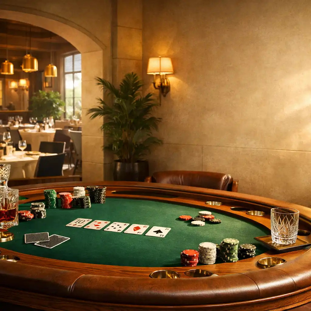 Sunlit architectural card room with a custom oak poker table in the foreground and an adjoining restaurant visible in the background