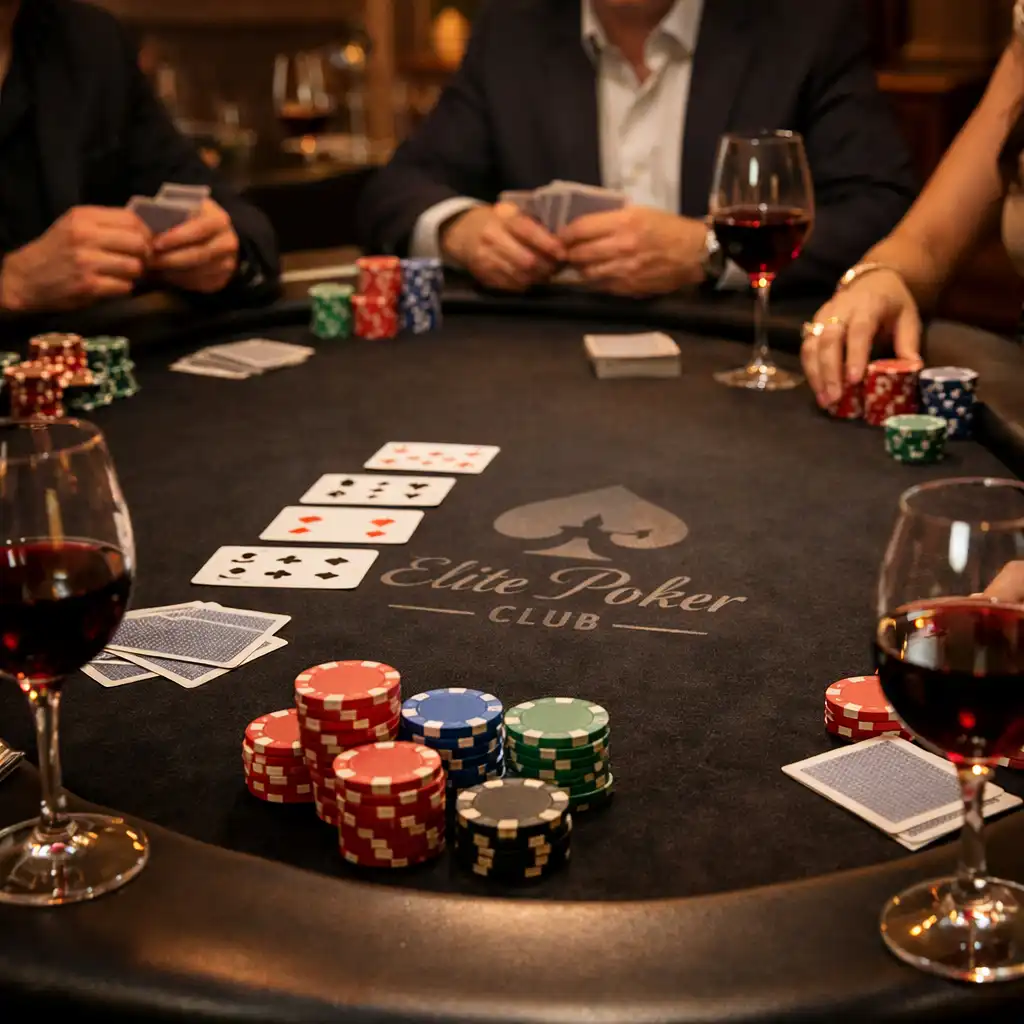 Private poker event in progress with branded felt, clay chips, and glasses of wine in a warm card room