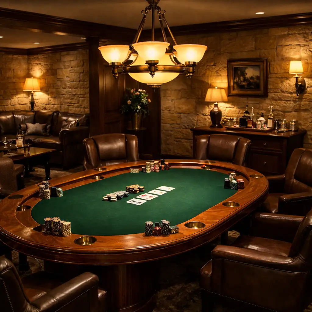 Private poker room with premium oak table and leather chairs