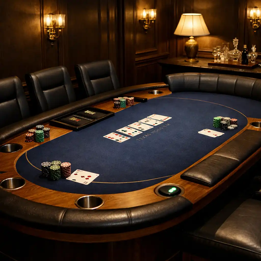 Private suite poker table with navy felt, modular seating, and discreet service call button