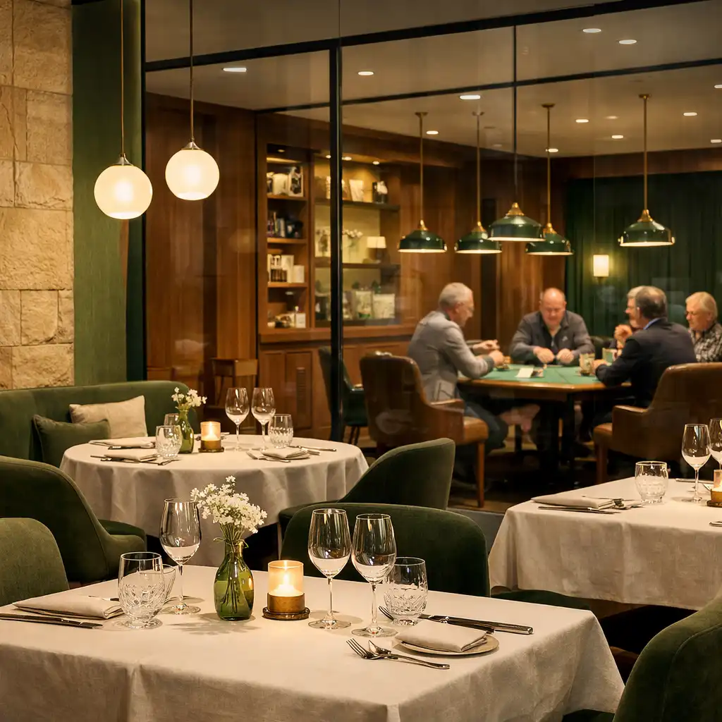 Contemporary restaurant area adjacent to the card room