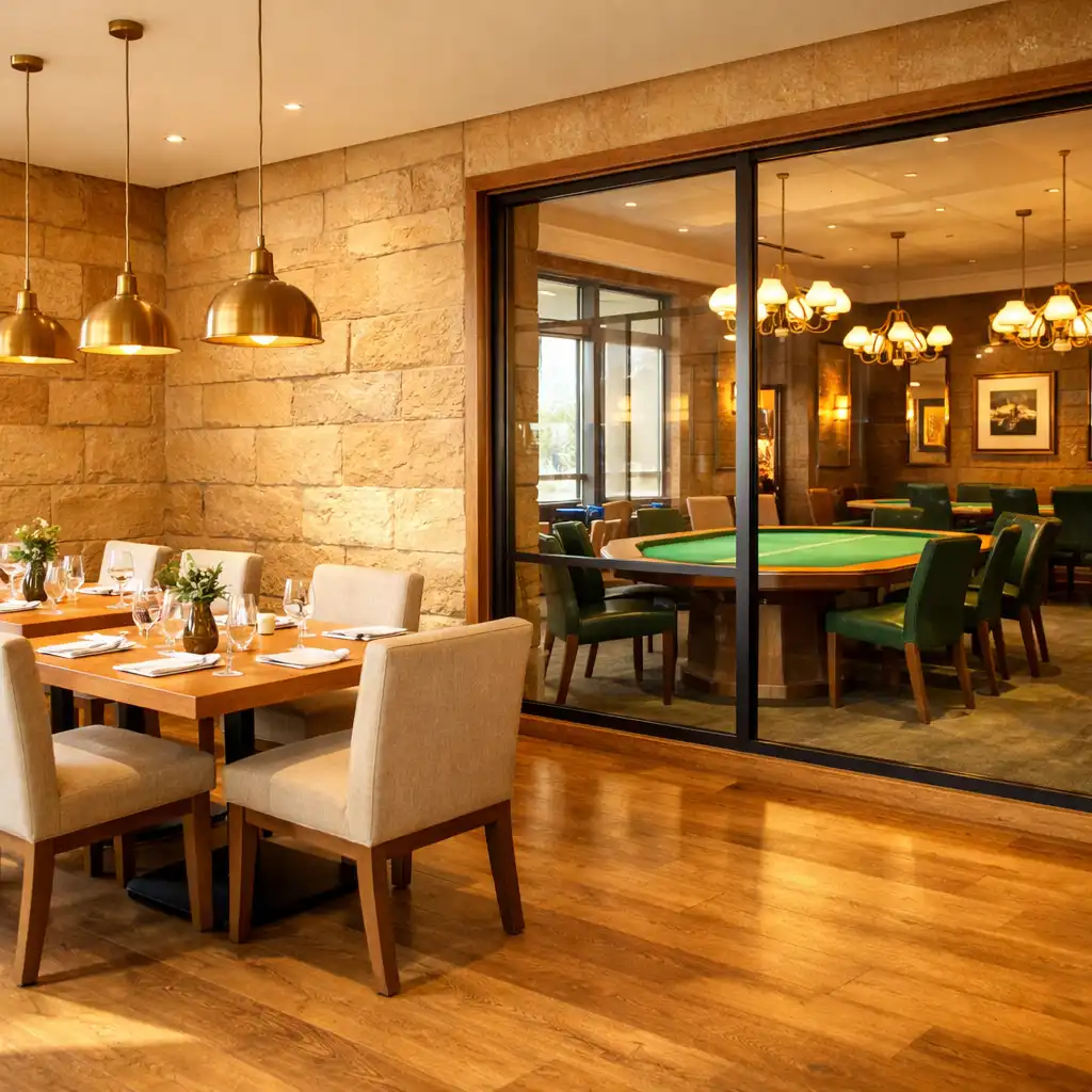 Sunlit dining room with sandstone walls, oak floors, and a view into the adjacent card room