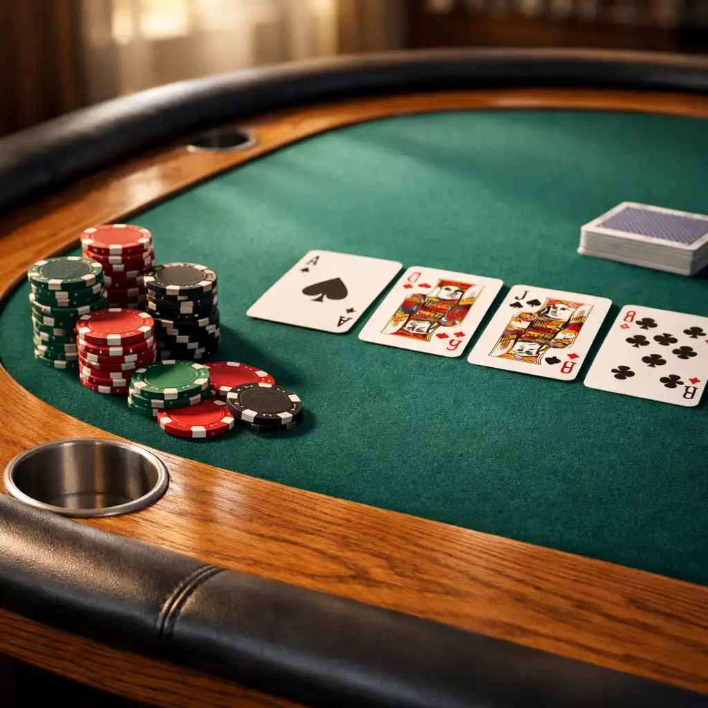 Close-up of the Signature Oval poker table with emerald felt, clay chips, and playing cards in a sunlit card room