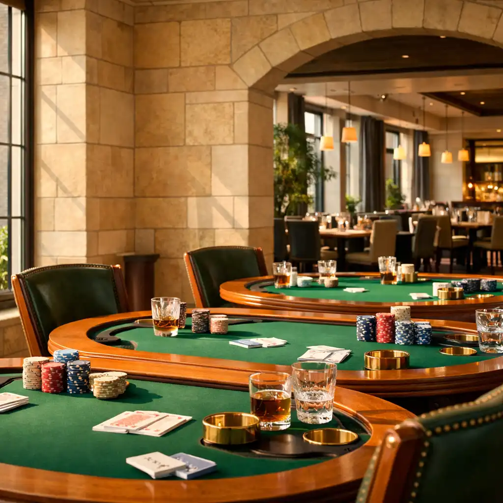 Sunlit architectural card room with custom oak poker tables and emerald felt