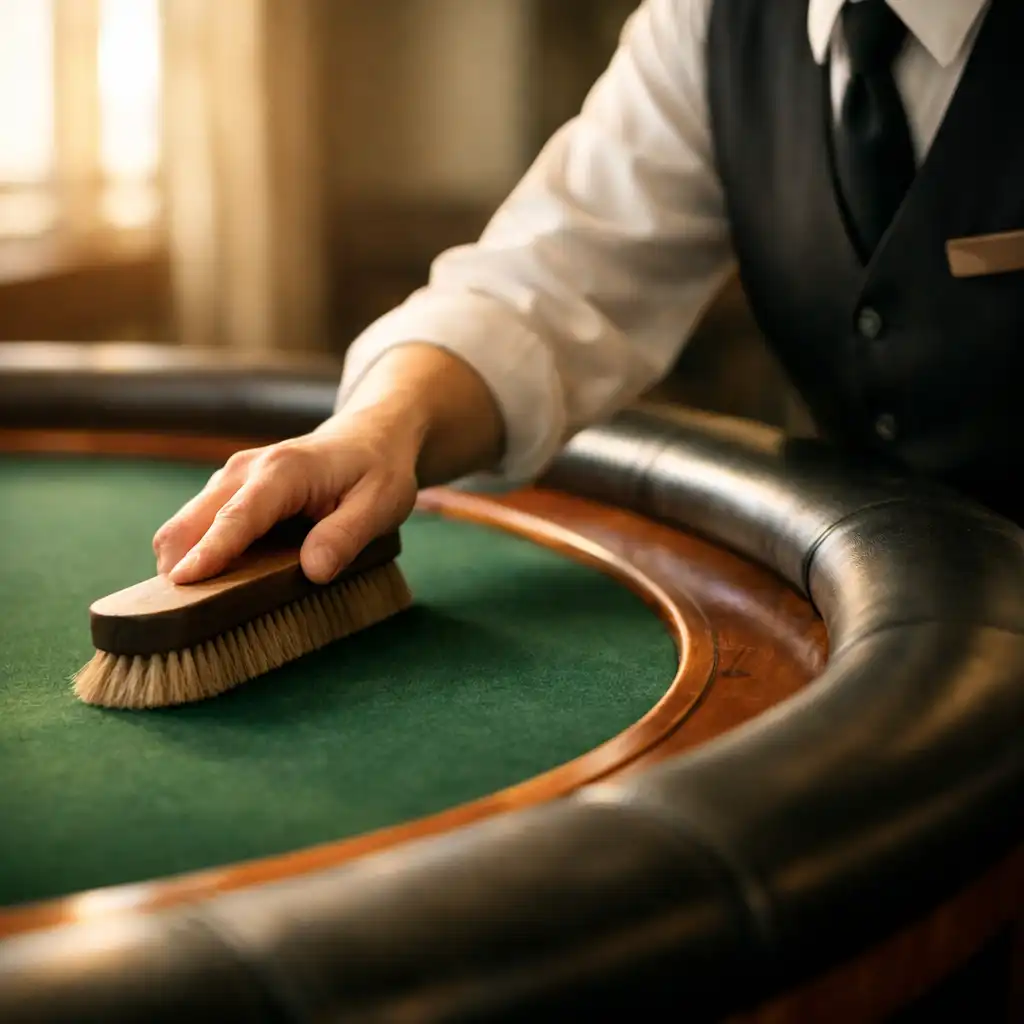 Staff member in a neat uniform carefully brushing the felt of a poker table in warm window light