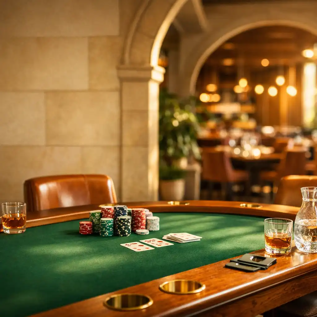Sunlit architectural card room with custom oak poker tables, emerald felt, clay chips, and crystal glassware