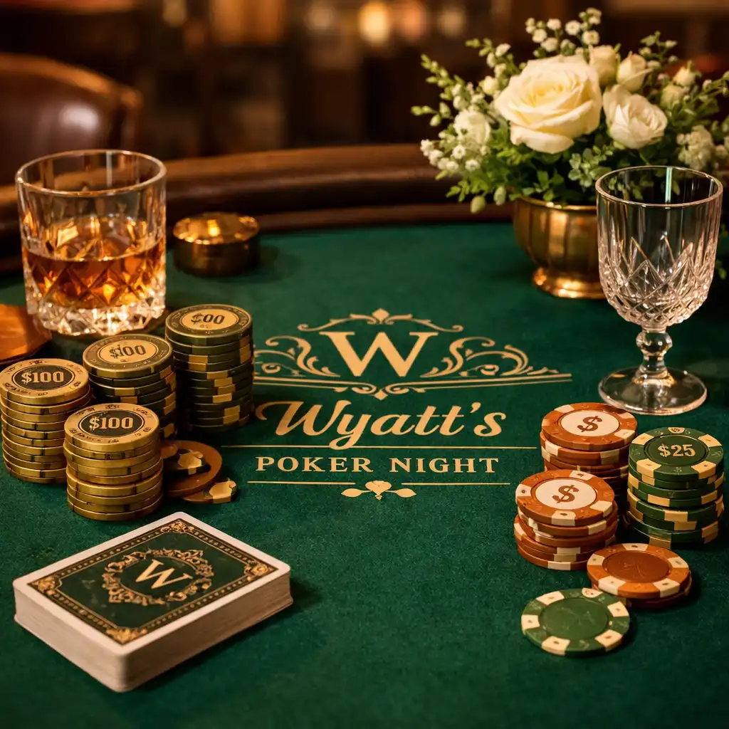 Close-up of a themed poker table setup with emerald felt, clay chips, and crystal glassware