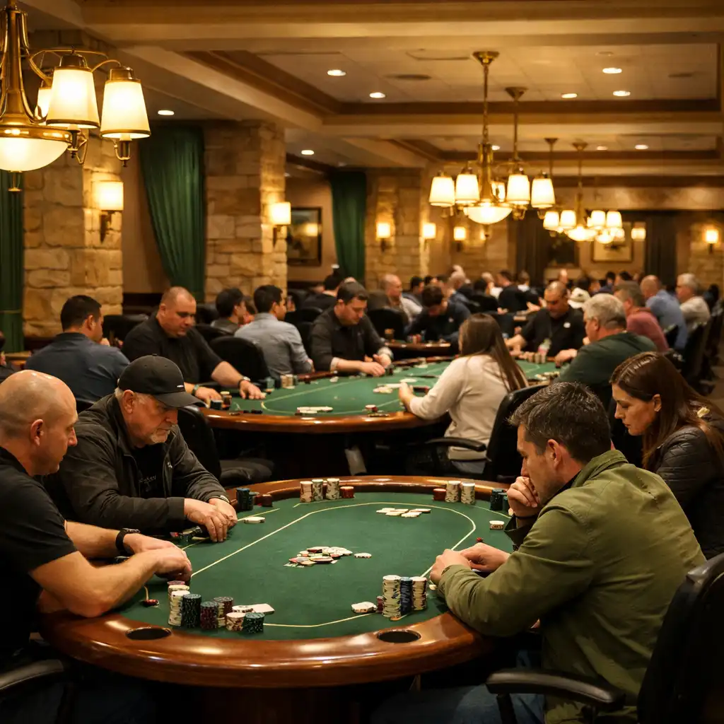 Tournament area with multiple custom poker tables and players