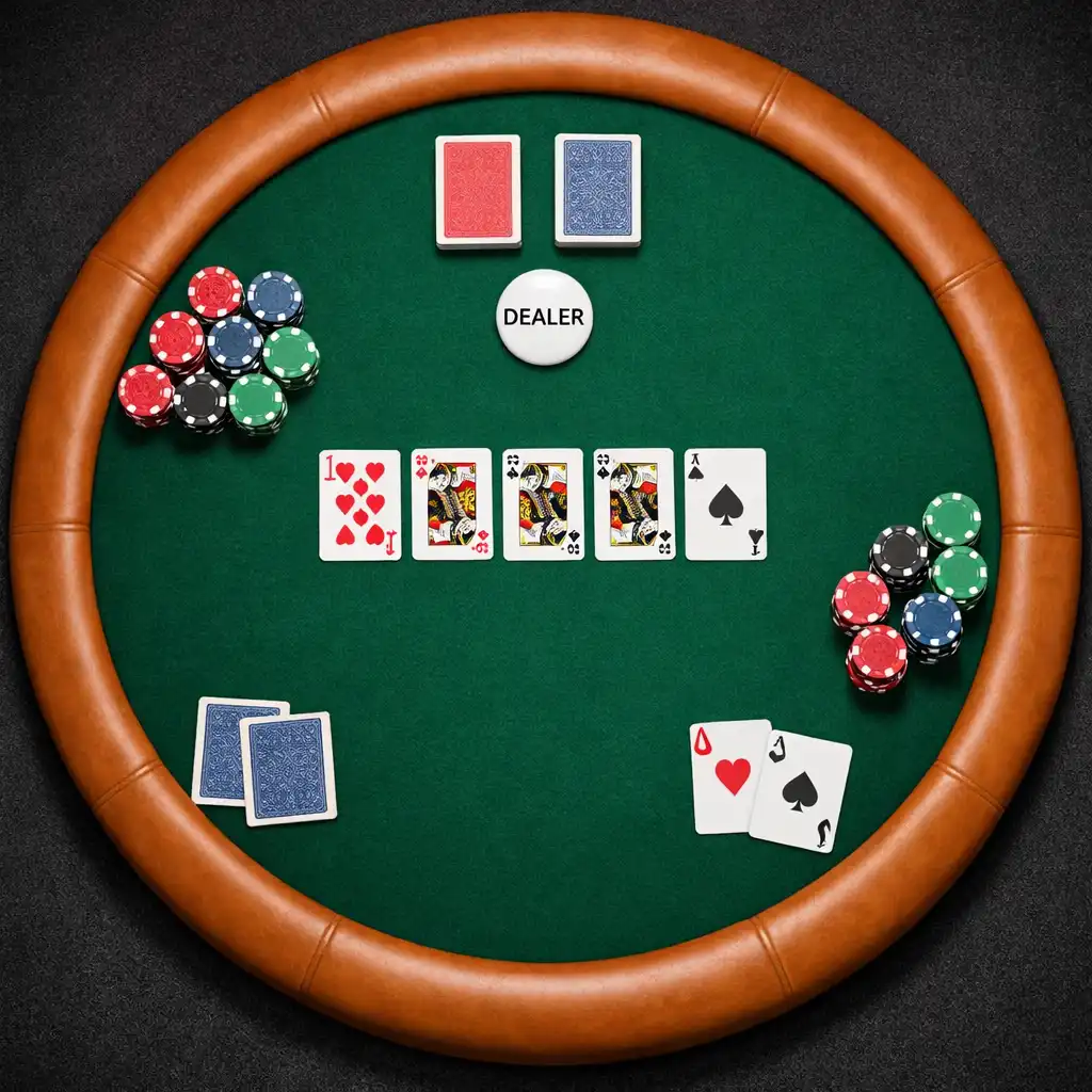 Top-down view of the Tournament Round table with deep green speed cloth, clay chips, playing cards, and a dealer button